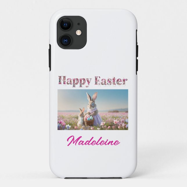 Capa Para iPhone 11 Nome Personalizado Campo de Coelhinhos de Páscoa d (Verso)