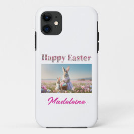 Capa Para iPhone 11 Nome Personalizado Campo de Coelhinhos de Páscoa d
