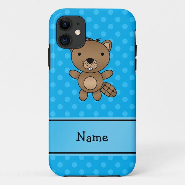 Capa Para iPhone 11 Nome personalizado castor bolinhas azuis (Verso)