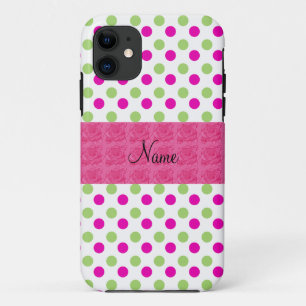 Capa Para iPhone 11 Nome personalizado, cor-de-rosa e bolinhas verdes