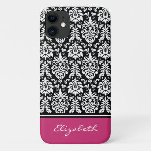 Capa Para iPhone 11 Nome personalizado Cor-de-rosa preto - Damasco bra