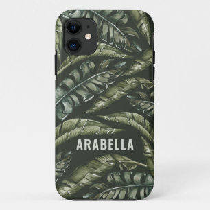Capa Para iPhone 11 Nome personalizado das folhas tropicais e inicial