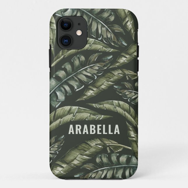 Capa Para iPhone 11 Nome personalizado das folhas tropicais e inicial (Verso)