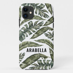 Capa Para iPhone 11 Nome personalizado das folhas tropicais e inicial