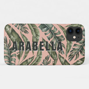 Capa Para iPhone 11 Nome personalizado das folhas tropicais e inicial