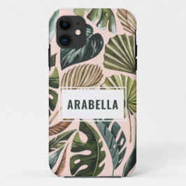 Capa Para iPhone 11 Nome personalizado das folhas tropicais e inicial