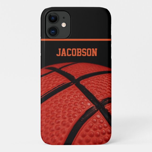 Capa Para iPhone 11 Nome personalizado de basquete preto e laranja (Verso)