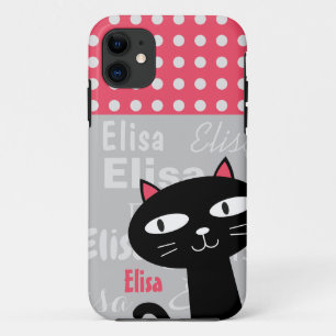 Capa Para iPhone 11 Nome personalizado de bolinhas cor-de-rosa de gato
