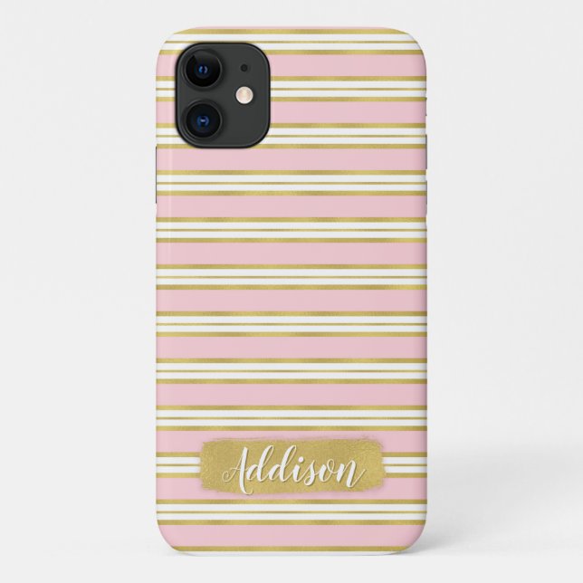 Capa Para iPhone 11 Nome Personalizado do Padrão de Stripe Dourado da  (Verso)