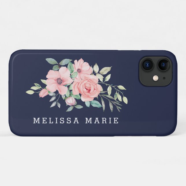 Capa Para iPhone 11 Nome Personalizado Floral Blush Navy (Verso (horizontal))