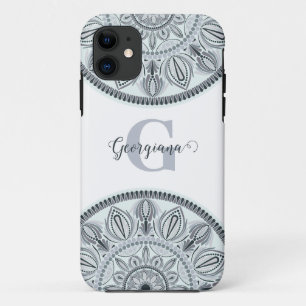 Capa Para iPhone 11 Nome Personalizado Harmonia Floral Cinza Monotone