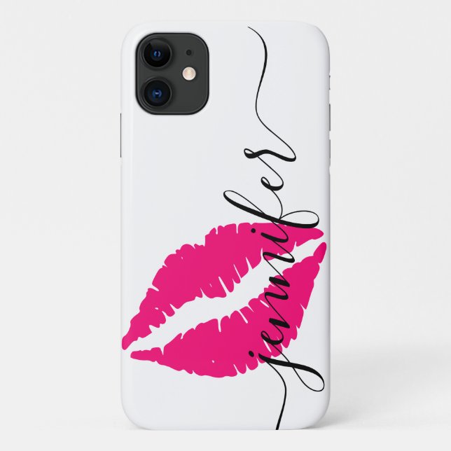 Capa Para iPhone 11 Nome Personalizado, Lábios Rosa Script, Branco/Pre (Verso)