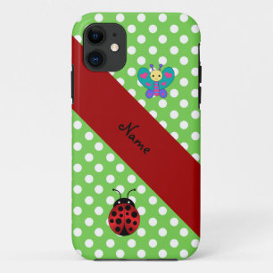 Capa Para iPhone 11 Nome personalizado ladybug borboleta bolinhas verd