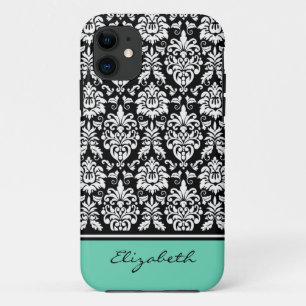 Capa Para iPhone 11 Nome Personalizado Mint Black White Damask
