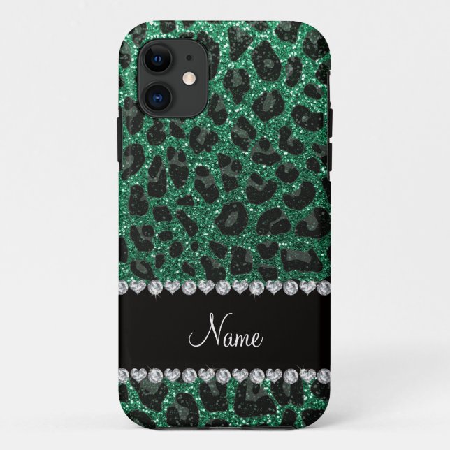 Capa Para iPhone 11 Nome personalizado mint verde brilho leopardo (Verso)