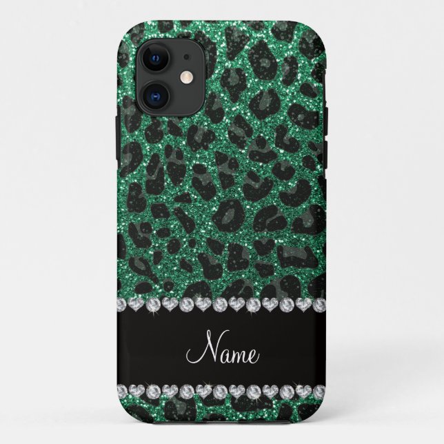 Capa Para iPhone 11 Nome personalizado mint verde brilho leopardo (Verso)