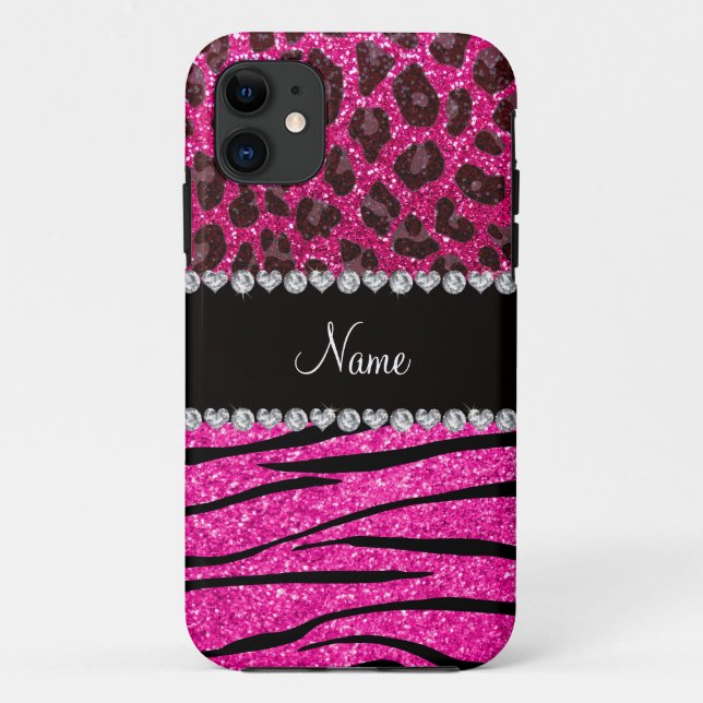 Capa Para iPhone 11 Nome personalizado neon hot pink zebra stripes leo (Verso)