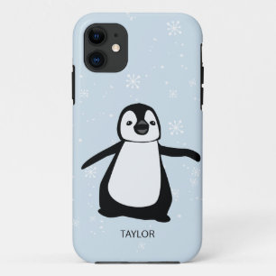 Capa Para iPhone 11 Nome personalizado neve pinguim azul