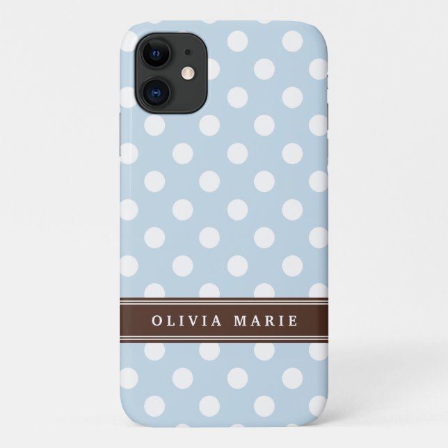 Capa Para iPhone 11 Nome Personalizado Padrão Bolinhas Azul Bebê (Verso)
