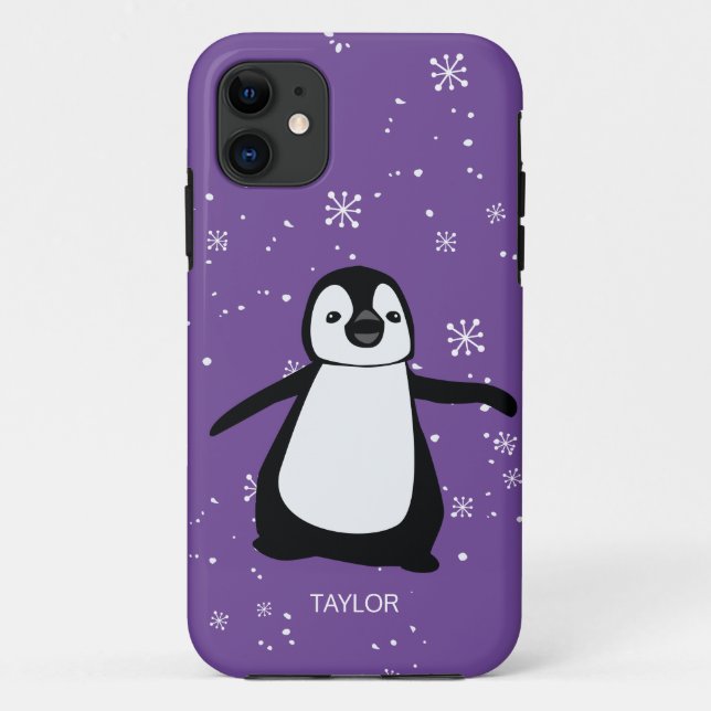 Capa Para iPhone 11 Nome Personalizado Roxo - Neve Pinguim (Verso)