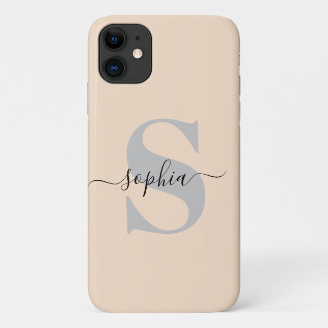 Capa Para iPhone 11 Nome Personalizado, Script Inicial, Linen/Prata (Verso)