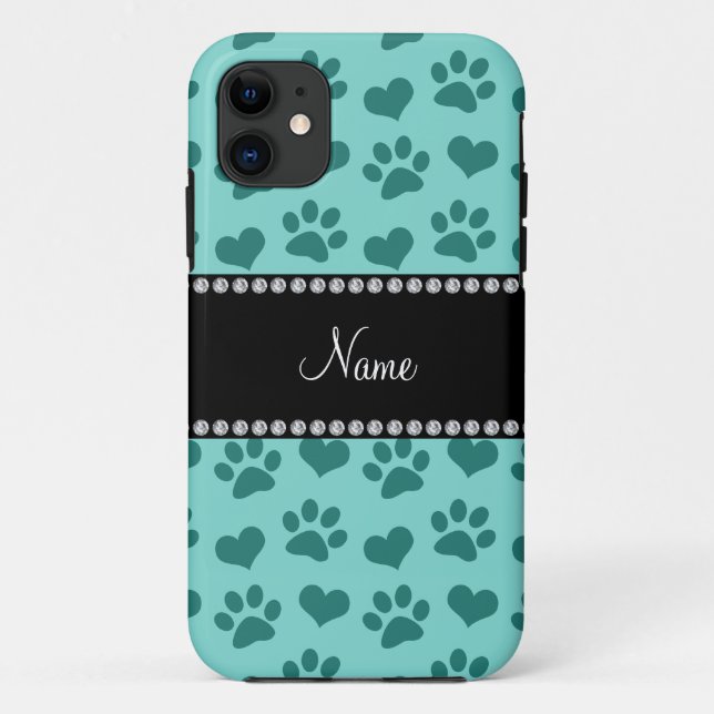 Capa Para iPhone 11 Nome personalizado: seafoam, coração verde e patas (Verso)