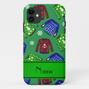 Capa Para iPhone 11 Nome personalizado verde padrão de blusa de natal 