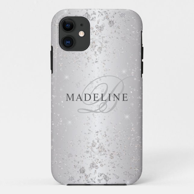 Capa Para iPhone 11 Nome Personalizável do Glitter Silver Metálico Gla (Verso)