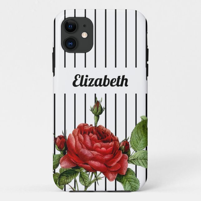 Capa Para iPhone 11 Nome Rosa Vermelha com Listras Finas (Verso)