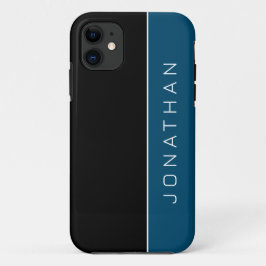 Capa Para iPhone 11 Nome Simples Bloco de Cores Masculina Preto e Azul