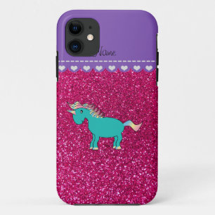 Capa Para iPhone 11 Nome Turquoise unicorn neon hot rosa gliter