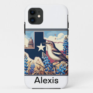 Capa Para iPhone 11 Norte Texas Mockingbird e Bluebonnet Flower