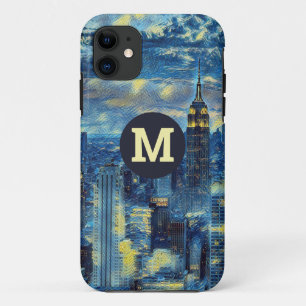 Capa Para iPhone 11 Nova Iorque Skyline Monograma Van Gogh Starry Nigh