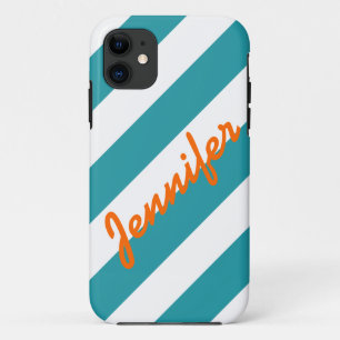 CAPA PARA iPhone 11 O BRANCO DE TURQUESA LISTRA O NOME ALARANJADO