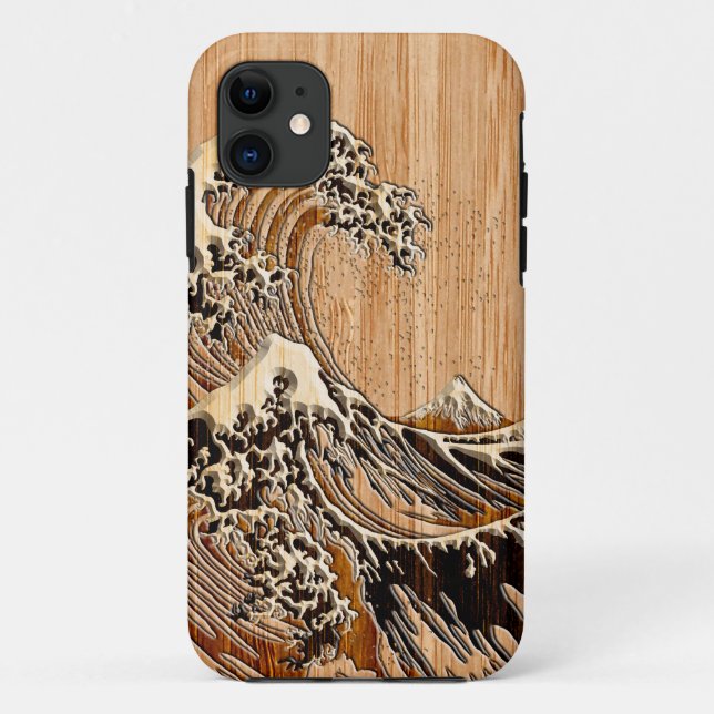 Capa Para iPhone 11 O Excelente Hokusai Wave Bamboo Wood Inlay Style (Verso)