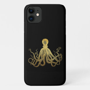 Capa Para iPhone 11 Octopus Dourado de Tinta Preta Costeira Náutica