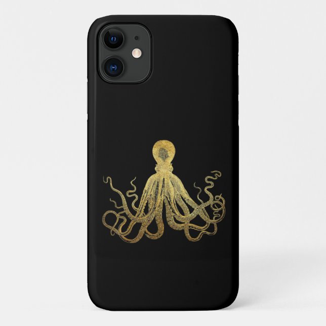 Capa Para iPhone 11 Octopus Dourado de Tinta Preta  Costeira Náutica (Verso)