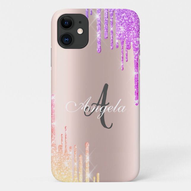 Capa Para iPhone 11 Ombre Glitter Moderno com Gotas em Dourado Rosa, M (Verso)