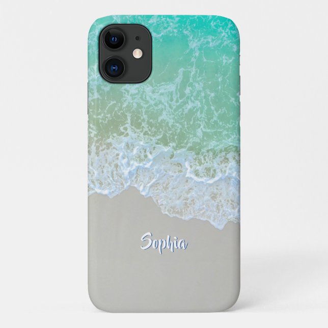 Capa Para iPhone 11 Ondas do Oceano, Areia da Praia, Nome de Script Br (Verso)