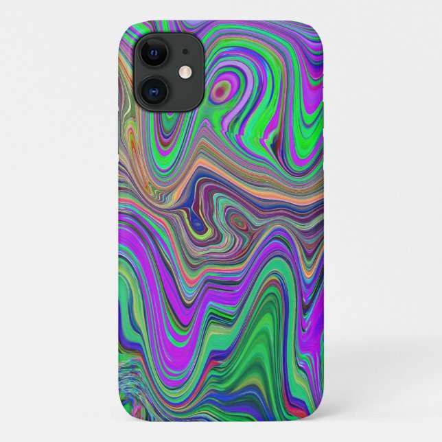 Capa Para iPhone 11 Ondas Trippy de Verde Lima e Roxo (Verso)