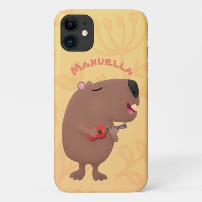Capa Para iPhone 11 Óptica desenho animado de capybara ukulele (Verso)
