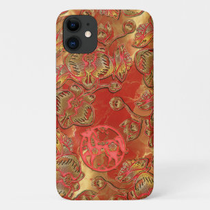 Capa Para iPhone 11 Orquídea Vermelha e Dourada Ano Novo Chinês Cavalo