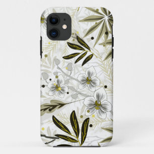 Capa Para iPhone 11 Orquídeas brancas com folhas tropicais de oliveira