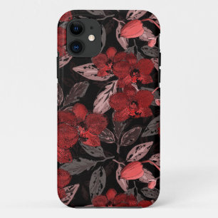 Capa Para iPhone 11 Orquídeas vermelhas em preto.