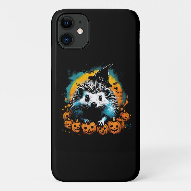 Capa Para iPhone 11 ouriço de Halloween e abóboras fofos (Verso)