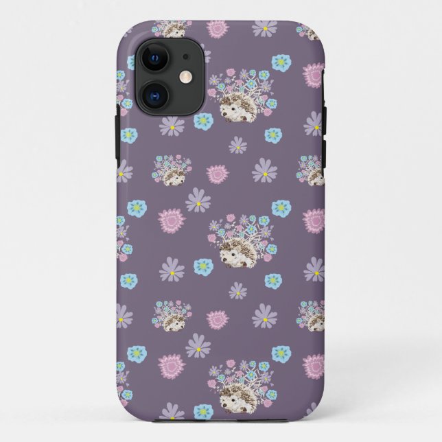 Capa Para iPhone 11 ouriço e padrão das flores (Verso)