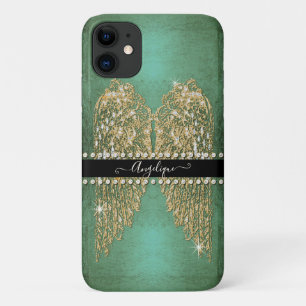 Capa Para iPhone 11 Ouro Angel Wings Neo Mint Aqua Diamond Jewels
