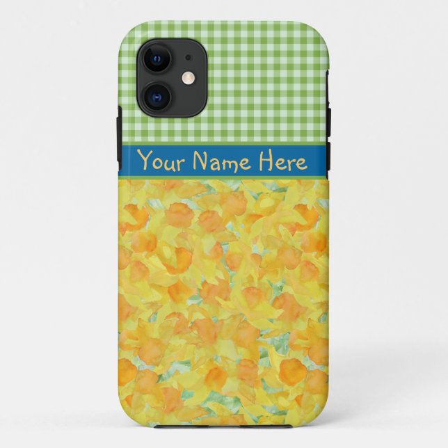 Capa Para iPhone 11 Ouro Daffodils e Green Check Gingham (Verso)