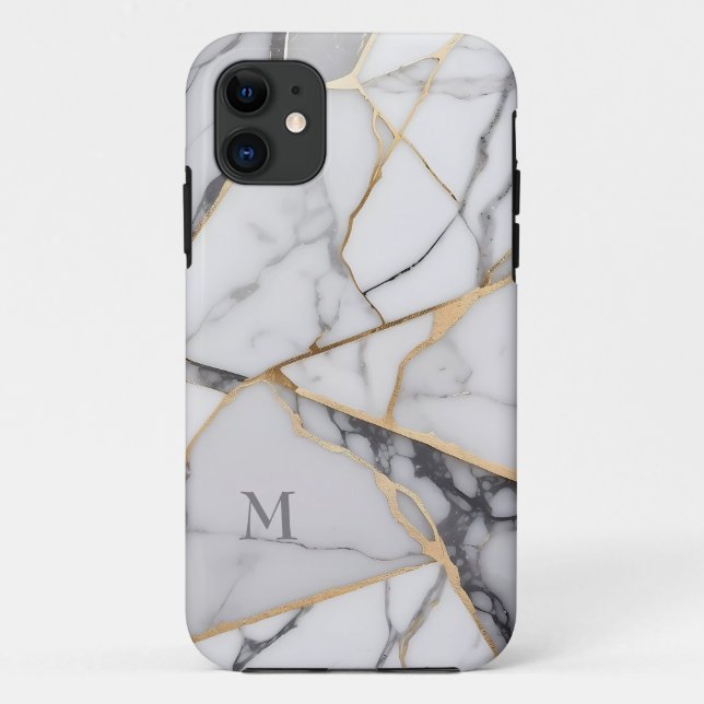 Capa Para iPhone 11 Ouro de mármore rachado acentua monograma (Verso)