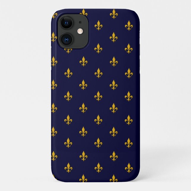 Capa Para iPhone 11 Ouro Fleur de Lis no Marinho Azul (Verso)